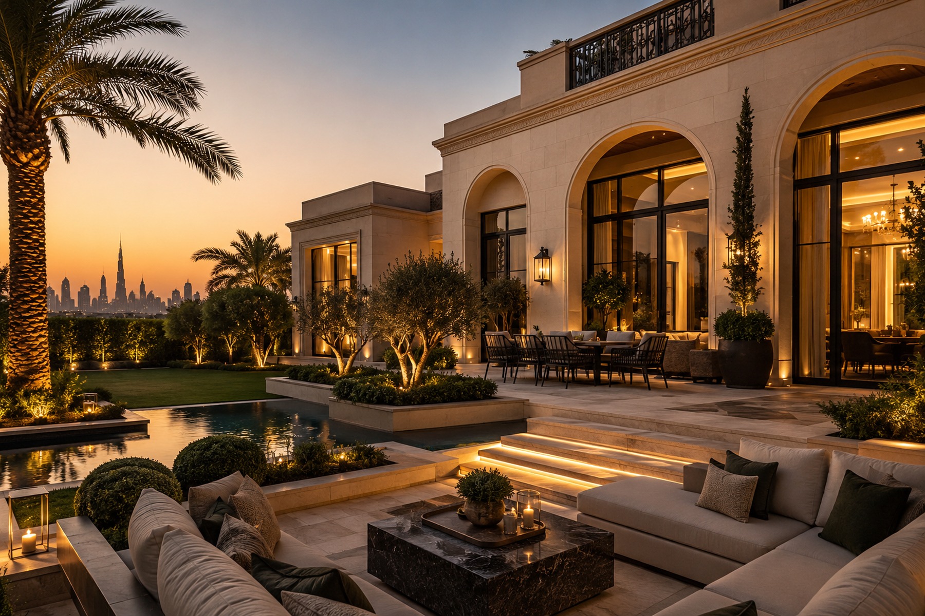 Luxury Dubai villa with landscaped outdoor living