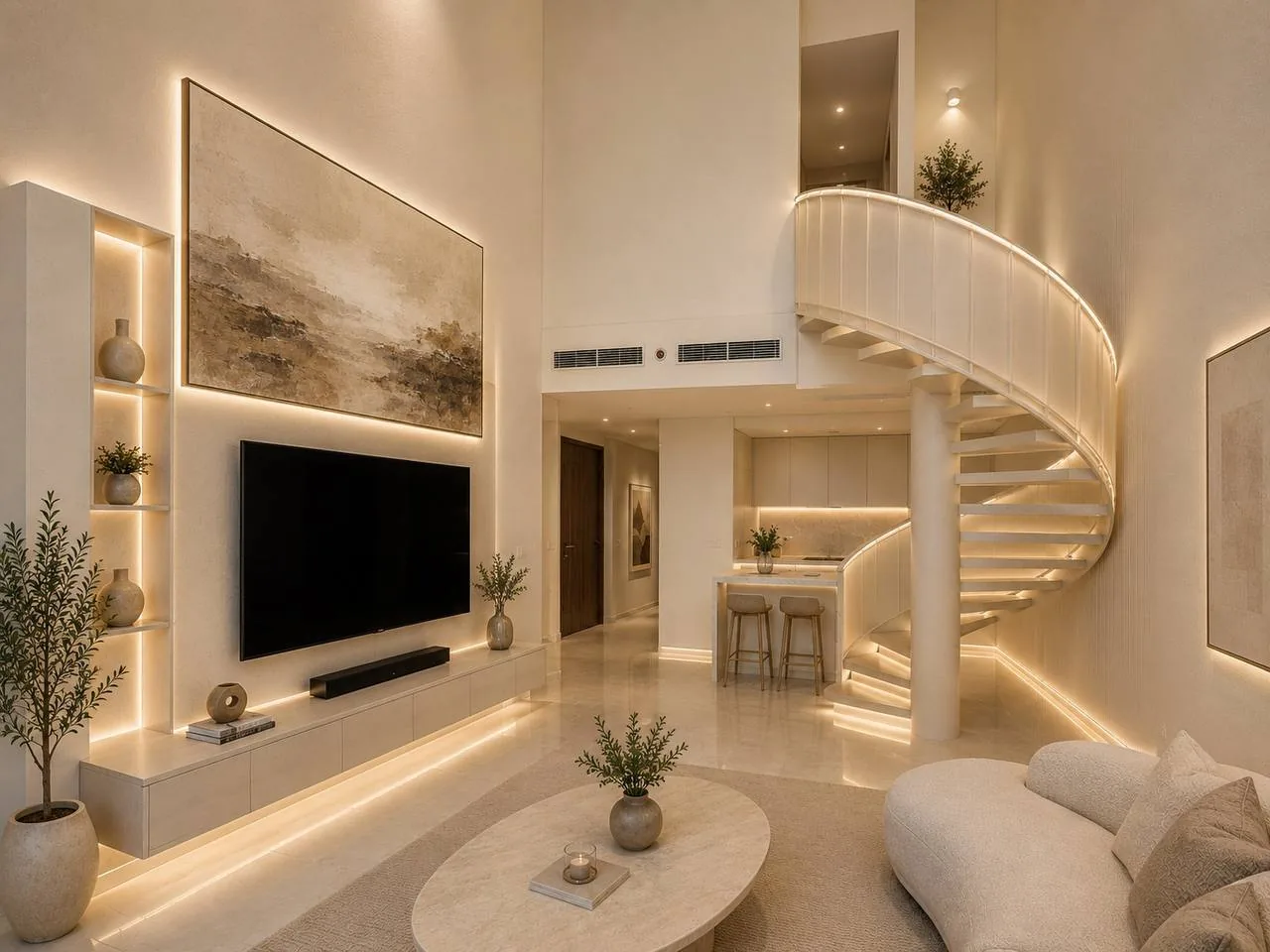 Proposed double-height living and staircase concept for a Wind Tower 1-bedroom duplex