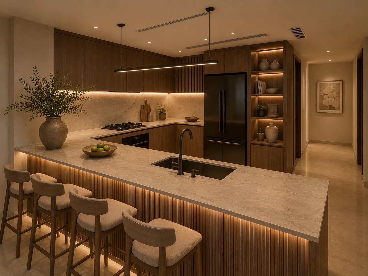 Proposed sculptural timber kitchen concept for a Wind Tower 3-bedroom duplex