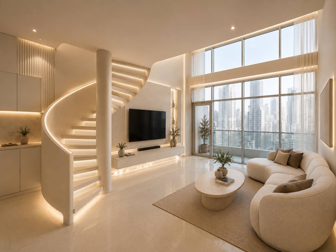 Completed Wind Tower duplex interior with sculptural staircase, integrated lighting and furnished living area