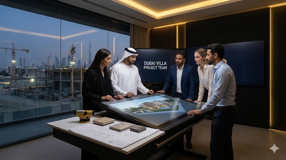 Dubai villa project team with architects, engineers, estimators and project managers